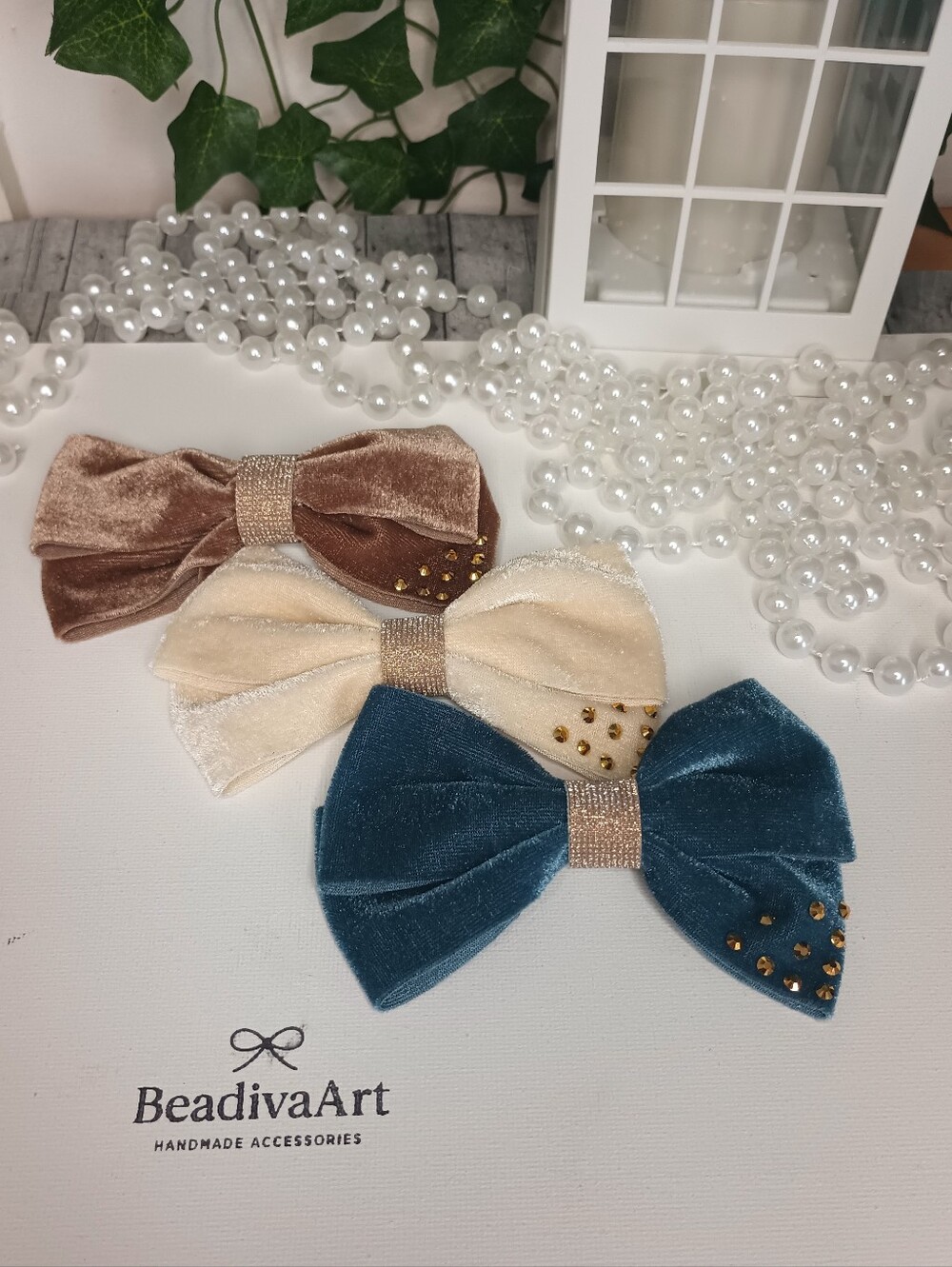 Handmade Velvet Bow Set -  Hair Bows With Rhinestone Details/ Set Of 3🎀